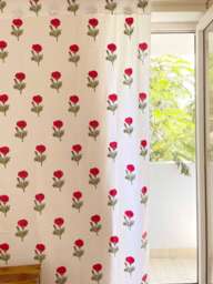 Red Marigold Block Print Cotton Curtain Panels, Set Of Two - thumbnail 1