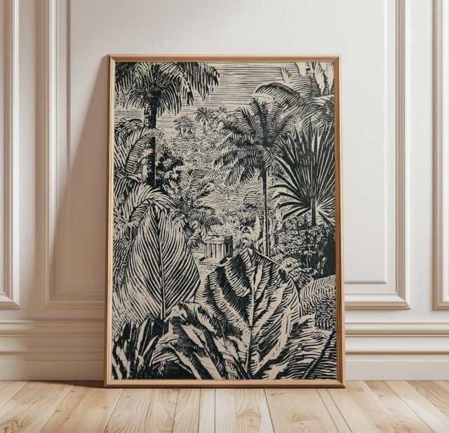 Tropical Jungle Poster, Botanical Temple Print, Monochrome Wall Art - image 1