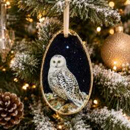 Snowy Owl Oyster Shell Christmas Ornament, Handmade Coastal Bird Lover Gift, Nature Decor, Collectible Ornament Set - thumbnail 2