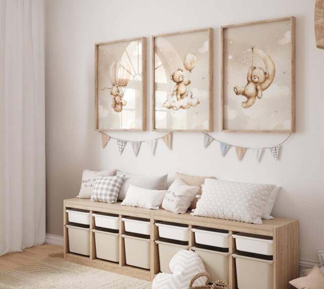 Teddy Bear Nursery Wall Art, Nursery Prints, Bear Decor, Beige Nursery, Stars Cloud Moon, Set Of 3 - image 1