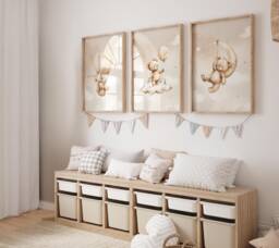 Teddy Bear Nursery Wall Art, Nursery Prints, Bear Decor, Beige Nursery, Stars Cloud Moon, Set Of 3 - thumbnail 1