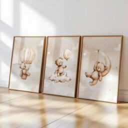Teddy Bear Nursery Wall Art, Nursery Prints, Bear Decor, Beige Nursery, Stars Cloud Moon, Set Of 3 - thumbnail 2