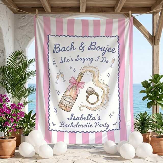 Custom Bachelorette Party Wall Tapestry, Bach & Boujee Bridal Shower Banner, Personalized Bride To Be Champagne Decor - image 1