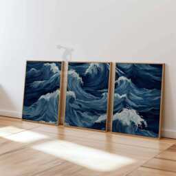 Set Of 3 Ocean Wave Wall Art Prints, Deep Blue Sea Posters, Modern Coastal Decor For Living Room & Bedroom - thumbnail 3