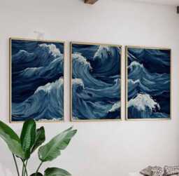 Set Of 3 Ocean Wave Wall Art Prints, Deep Blue Sea Posters, Modern Coastal Decor For Living Room & Bedroom - thumbnail 1