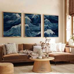 Set Of 3 Ocean Wave Wall Art Prints, Deep Blue Sea Posters, Modern Coastal Decor For Living Room & Bedroom - thumbnail 2