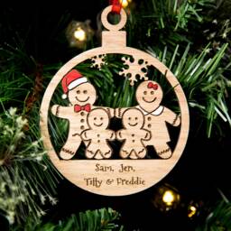 Christmas Tree Decoration, Personalised Bauble, Wood Engraved Xmas Ornament, Gingerbread Family - thumbnail 1