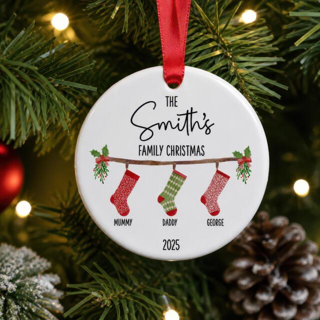 Personalised Family Christmas Bauble Ornament With Custom Names & Hanging Stockings - image 1
