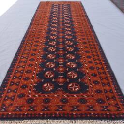 10 Ft Afghan Runner Rug Turkmen Mowri Design Bukhara Rug, Handmade Wool Tribal Orange Black Oriental Hallway Runner, Kitchen - thumbnail 2