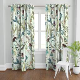 Swimming Mermaids Curtain Panel - Ocean Life & Otters Custom By Fernlesliestudio - thumbnail 2