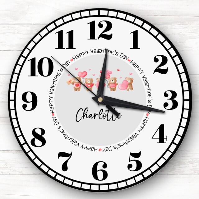 Watercolour Cute Teddy Bears Withs Valentine's Gift Grey Personalised Clock - image 1