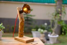 Repurposed Amber Whiskey Bottle & Wood Table Lamp Light With UK - North American Eu Plug - 110- 240V - thumbnail 1