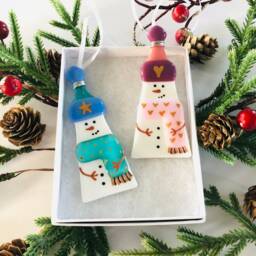 Fused Glass Snowman Decoration - Christmas Decoration, Snowman Cornish - thumbnail 2