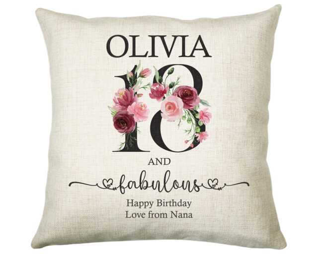 18Th Birthday Gift For Women - Personalised 18 & Fabulous Cushion Age Her Ladies Floral Daughter Eighteen Bnk18C - image 1