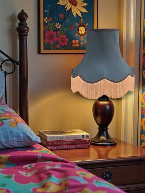Traditional Slate Blue Fabric Lampshade Scalloped Dupion, Fringe Trim, UK Handmade - image 1