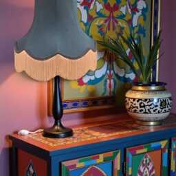Traditional Slate Blue Fabric Lampshade Scalloped Dupion, Fringe Trim, UK Handmade - thumbnail 2