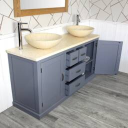 Grey Painted Bathroom Vanity Unit - Cabinet Double Twin Bowl Basins Cream Marble 603Gcm25cm - thumbnail 2