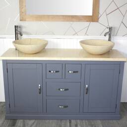 Grey Painted Bathroom Vanity Unit - Cabinet Double Twin Bowl Basins Cream Marble 603Gcm25cm