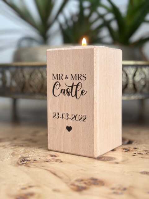 Engraved Beech Wood Candle/Tea Light Holder For Wedding Couple, Single Pillar, Custom Personalised - image 1