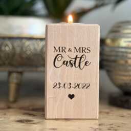 Engraved Beech Wood Candle/Tea Light Holder For Wedding Couple, Single Pillar, Custom Personalised - thumbnail 4