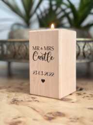 Engraved Beech Wood Candle/Tea Light Holder For Wedding Couple, Single Pillar, Custom Personalised - thumbnail 1