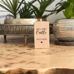 Engraved Beech Wood Candle/Tea Light Holder For Wedding Couple, Single Pillar, Custom Personalised - thumbnail 2