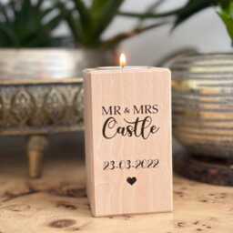 Engraved Beech Wood Candle/Tea Light Holder For Wedding Couple, Single Pillar, Custom Personalised - thumbnail 3