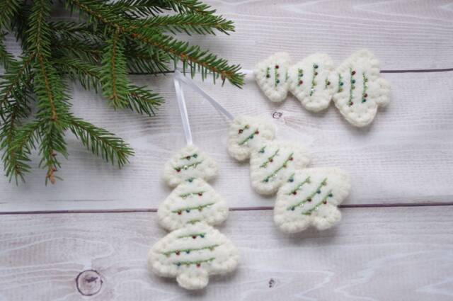 Christmas Ornaments, Traditional Felt Christmas Decoration, Tree Felted Decorations, Decorations With Pearls - image 1