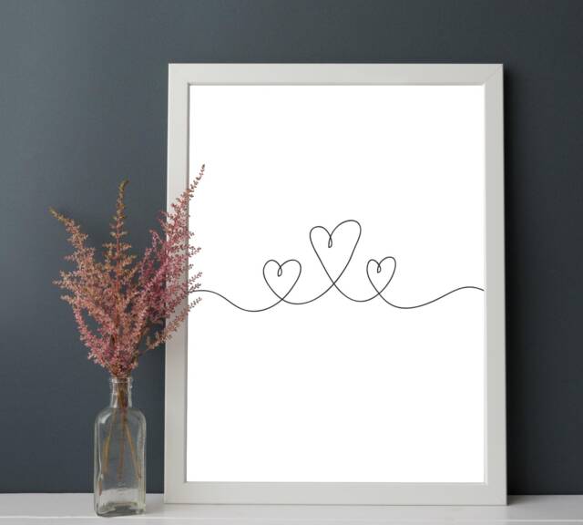 Heart Print, Living Room Bedroom Line Art, Drawing Black & White Couples Gift, Family Wedding Print - image 1