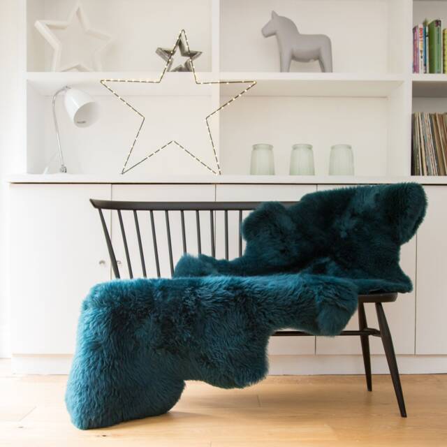 Teal Blue Sheepskin Rug, Double Length, Silky Soft Throw
