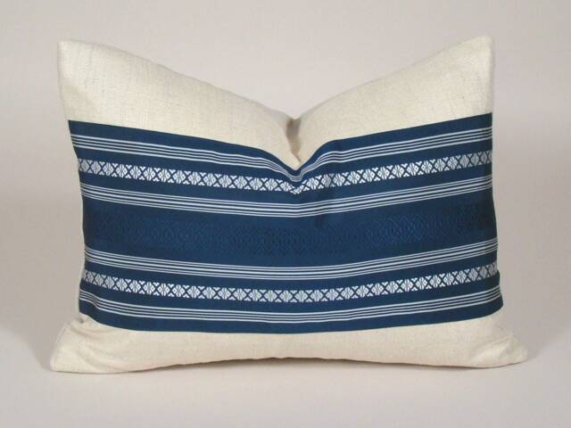 Blue Striped Lumbar Pillow Vintage Obi Silk, Linen Back - image 1