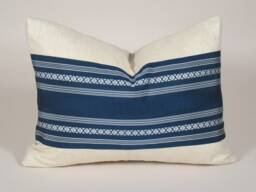 Blue Striped Lumbar Pillow Vintage Obi Silk, Linen Back - thumbnail 1