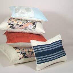 Blue Striped Lumbar Pillow Vintage Obi Silk, Linen Back - thumbnail 4