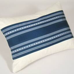 Blue Striped Lumbar Pillow Vintage Obi Silk, Linen Back - thumbnail 3