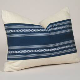 Blue Striped Lumbar Pillow Vintage Obi Silk, Linen Back - thumbnail 2