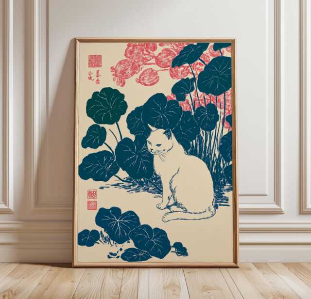 Japanese Cat Wall Art Poster Minimal Animal Nature Print Neutral Red Green Decor For Living Room Bedroom, Woodblock Style - image 1
