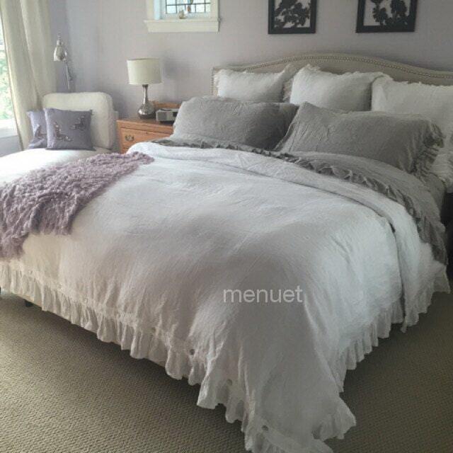 Set Of 3 Shabby Softened Linen Bedding. Ruffled Linen Duvet Cover With 2 Pillowcases, Custom Bedding, Us Import Tariffs Prepaid - image 1