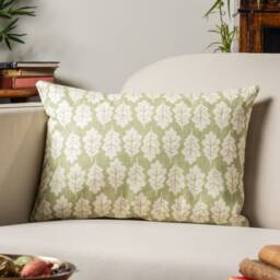 Autumn Leaf Boudoir Cushion in Sage Green & White. Summer Inspired Shabby Chic Style, 100%sustainable Cotton, Double Sided. 17x12