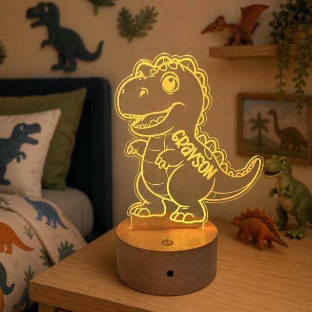 Personalised Dinosaur Night Light - Custom Name Kids Lamp Nursery Led Colour Changing Baby Room Decor Gift - image 1