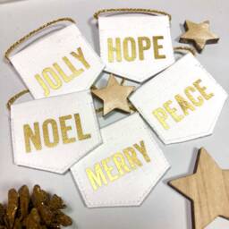 Set Of 5 Traditional Word Teeny Banners - White & Gold Christmas Tree Decorations, Hanging Decorations