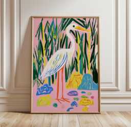Crane Bamboo Poster, Tropical Bird Print, Botanical Wall Art