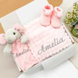Embroidered Pink Blanket Or Elephant Comforter - Personalised Wrap & Booties Gift Set - New Baby Girl Babyshower Newborn - thumbnail 2