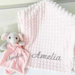 Embroidered Pink Blanket Or Elephant Comforter - Personalised Wrap & Booties Gift Set - New Baby Girl Babyshower Newborn - thumbnail 1