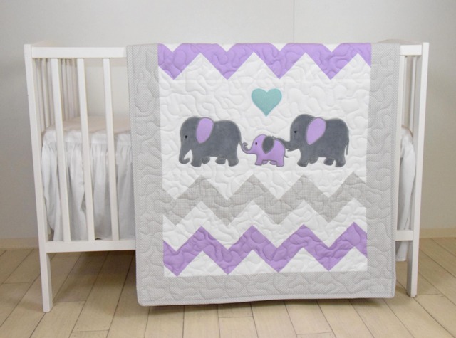 Elephant Family Baby Quilt, Chevron Gray Purple Toddler Blanket, Handmade Crib Bedding For Boy Or Girl - image 1