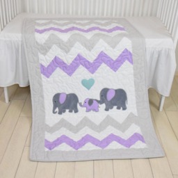 Elephant Family Baby Quilt, Chevron Gray Purple Toddler Blanket, Handmade Crib Bedding For Boy Or Girl - thumbnail 2