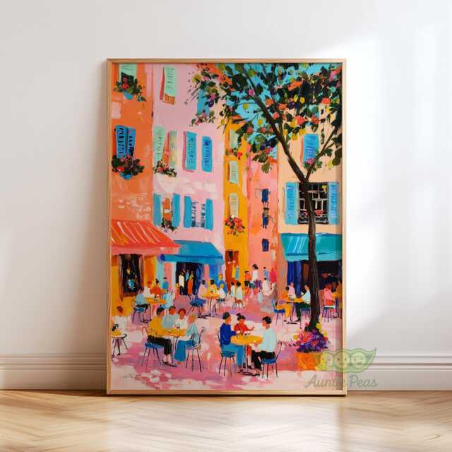 European Street Cafe Wall Art, Colorful City Painting, Vibrant Terrace Scene Print, Mediterranean Art Poster, Summer Outdoor Dining Decor - image 1