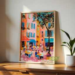 European Street Cafe Wall Art, Colorful City Painting, Vibrant Terrace Scene Print, Mediterranean Art Poster, Summer Outdoor Dining Decor - thumbnail 3