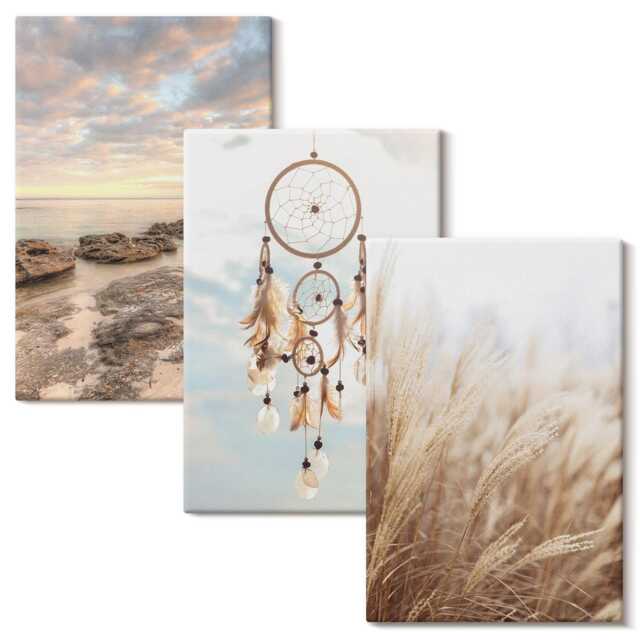 Canvas Wall Art Set Of 3 - Sea View With Clouds, Dream Catcher & Grass, Beige Print, Landscapes Decor - image 1