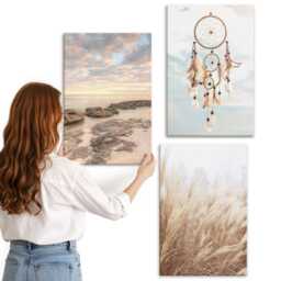 Canvas Wall Art Set Of 3 - Sea View With Clouds, Dream Catcher & Grass, Beige Print, Landscapes Decor - thumbnail 2