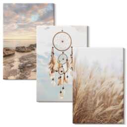 Canvas Wall Art Set Of 3 - Sea View With Clouds, Dream Catcher & Grass, Beige Print, Landscapes Decor - thumbnail 1
